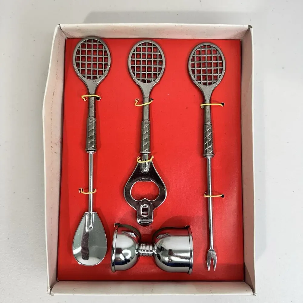 De Luxe Bar Set Tennis Racquet Bottle Opener Condiment Stick Spoon Peg Measure